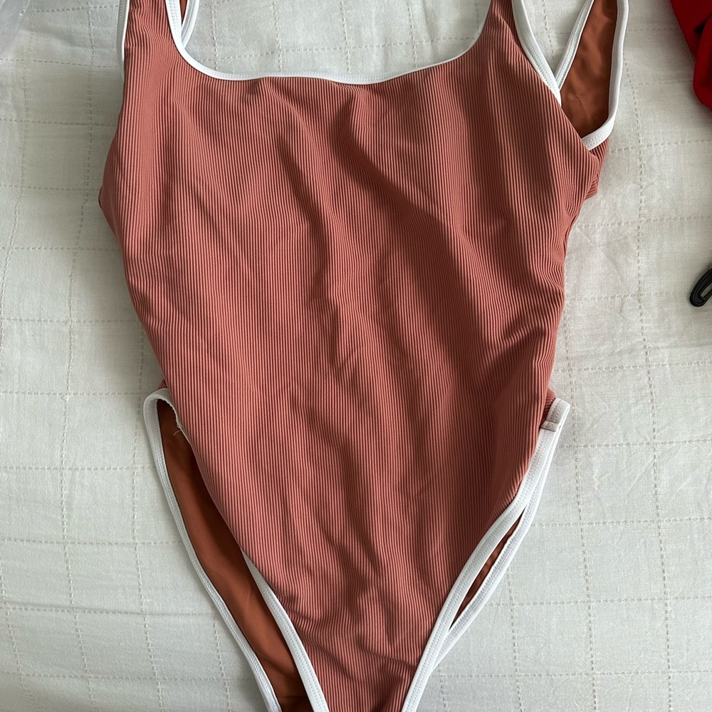 LainSnow Coral-Rust One-Piece Swimsuit with White Trim